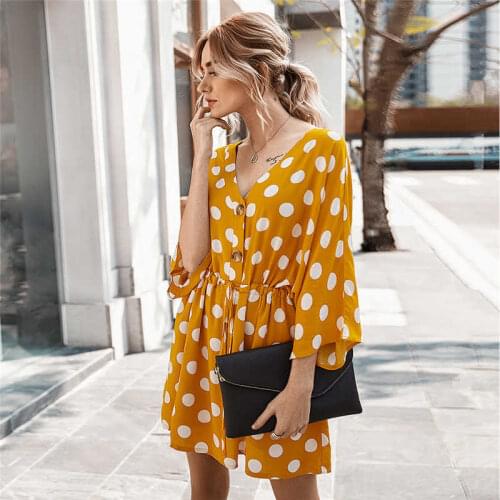 2021 New Summer Womens Sexy V Neck Polka Dot Short Dress Raglan Sleeves Button High Waist Elegant Print Lace Up Ladies Dress