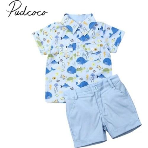 2019 Baby Summer Clothing Infant Boys Baby Kids Whale Print Tops Shirts Shorts Bottoms Animals Print 2Pcs Set Outfits Clothes