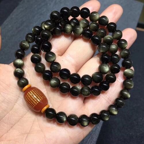 JoursNeige Gold Black Natural Obsidian Stone Bracelets 108 Beads with Heart Words barrel Bracelets for Women Men Crystal Jewelry