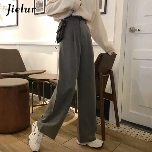 Jielur Gray Women Suit Pants High Waist Casual Wide Leg Pants Office Ladies Formal Loose Trousers Pockets Zipper Pantalon Femme