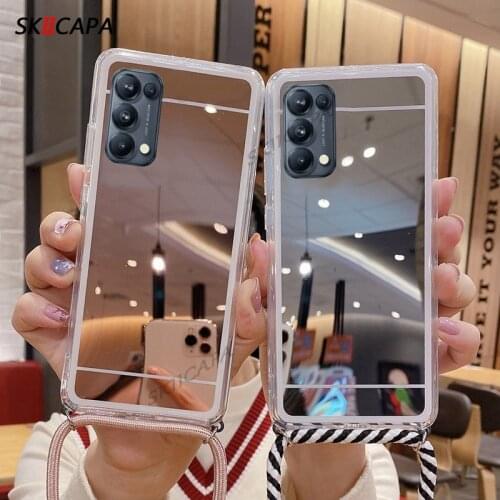 Case For Oppo F17 Pro A93 A72 A53 A32 Make Up Mirror Phone Case For Reno 5 4 3 Pro 2Z 2 Crossbody Lanyard Strap Back Cover Capa