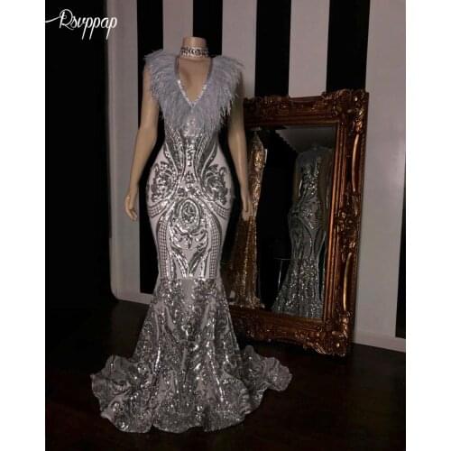 Long Sequin Prom Dresses 2021 Sexy Mermaid Feathers V-neck African Black Girl Silver Feather Elegant Prom Dress Gowns