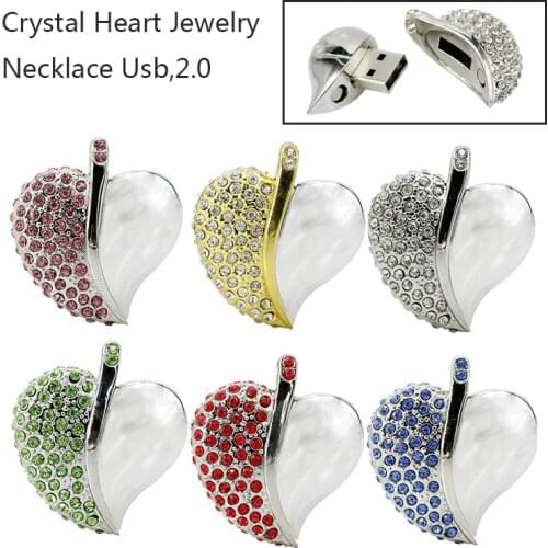 Loving Heart Crystal Necklace Usb 2.0 Usb Flash Drives Thumb Pendrive U Disk 4GB 8GB 16GB 32GB Usb Creative Memory Stick Storage