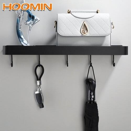 HOOMIN Black Shampoo Towel Rack Wall Mounted Aluminum Corner Shelves Bathroom Storage Shelf