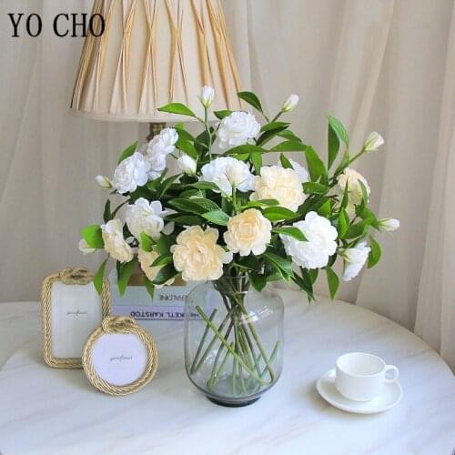 YO CHO Artificial Flower Silk Gardenia DIY Flower Arrangement Fake Camellia Rose White Beige Home Party Wedding Table Decoration