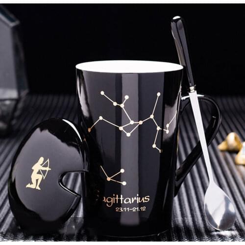 Contellation Ceramic Mug with Lid Spoon Coffee Cup 12 Astrological Signs Black Unique Gift JA55