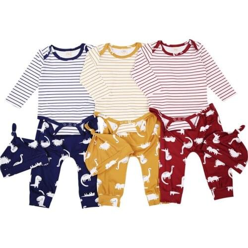 Cartoon Infant Clothes Suit Baby Girls and Boys Long Sleeve Round Collar Bodysuits+Long Pants+Hat 0-18 Months Dinosaur Clothing