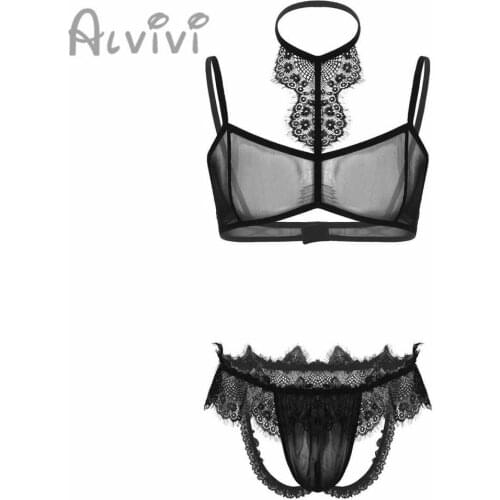 Alvivi Mens Sissy Lace Lingerie Set Sheer Mesh Bra Top with Open Butt Jockstrap Briefs Underwear Breathable Summer Lingerie Set