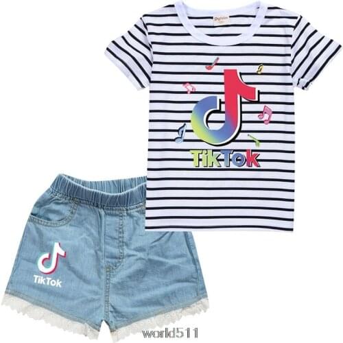 Girl Clothes Set T-shirt and Shorts Tik Tok Summer Clothes New Childrens Fashion Denim Jeans Shorts Two-piece Teenage Jeans Set