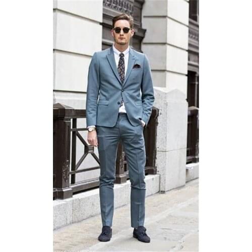 Custom Made Blue Mens Suits Slim Fit Two PCs Groomsmen Wedding Tuxedos For Men Shawl Lapel Formal Prom Suit (Jacket+Pant)