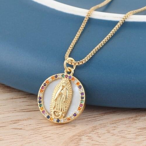 Copper Zircon Colorful Crystal Shell Coin Virgin Mary Pendant Chain Necklace For Women Female Fashion Wedding Catholic Jewelry