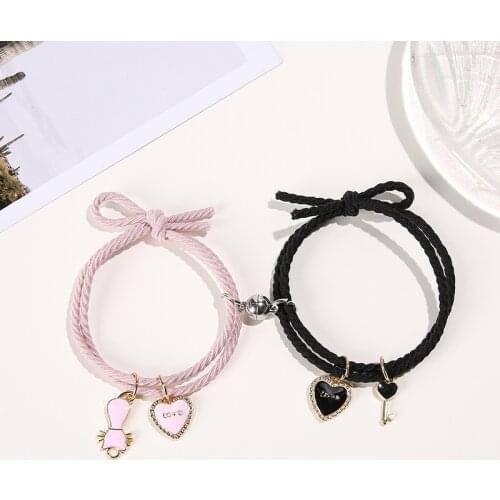 Cartoon Magnetic Couple Bracelets with Cat Love Heart Pendant Cute Mutually Attractive Friendship Rope Gifts for Friend
