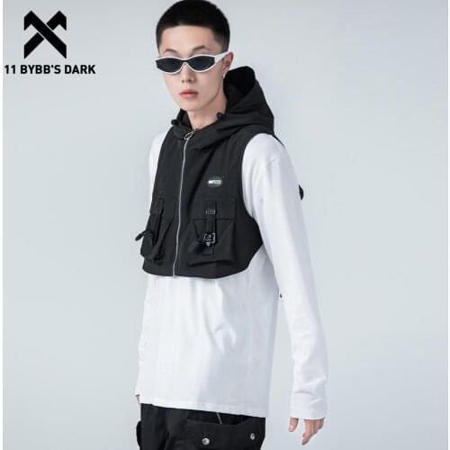 11 BYBBS DARK Half Length Zipper Vests Men Hooded Jacket Techwear Overalls Men Tactical Sleeveless Cargo Vests Streetwear Tops