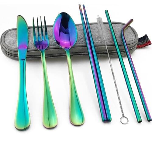 Dinnerware Set Travel Camping Cutlery Set Reusable Silverware with Metal Straw Spoon Fork Chopsticks and Portable Case