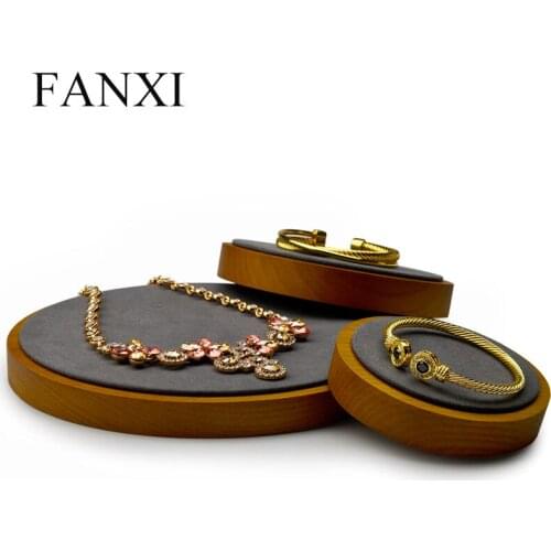 Oirlv Round Solid Wood Jewelry Display Stand Ring Necklace Bangle Earring Holder Tray Jewelry Organizer Exhibition Showcase