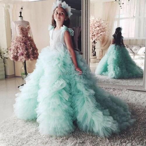 Green Mint Tulle Flower Girl Dress Ruffles Court Train Kids Wedding Party Gowns Robe De Soiree Lovey Elegant Princess Dress
