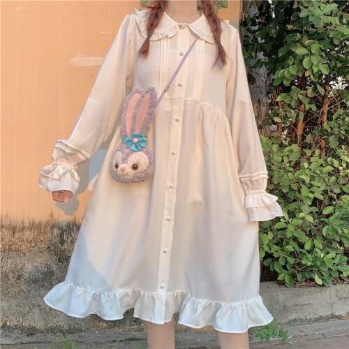 Japanese Lolita Sweet Girl Color White Red doll collar ruffled long sleeve lolita mid-length dress loli cos tea party Autumn