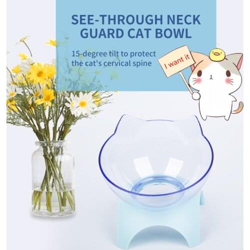 Pet Products Cats Dogs 15 Degree Tilt Protective Neck Bowl Food Container With Stand Single Transparent Bowl Feeder