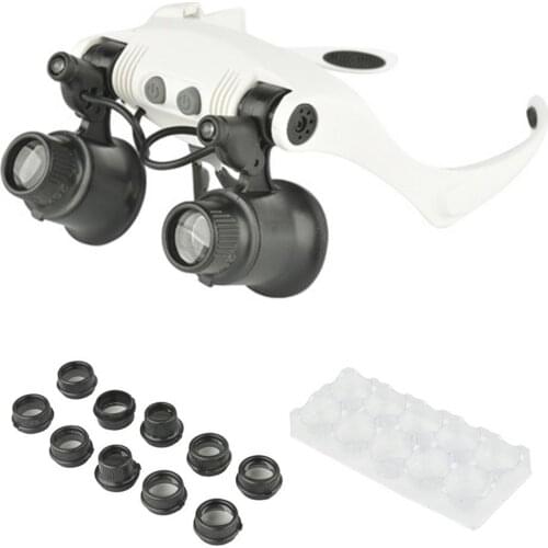 Professional 10x 15x 20x 25x Adjustable 10 Lens Loupe LED Light Head-mounted Magnifier Glass Dual Eye Jewelry Loupe