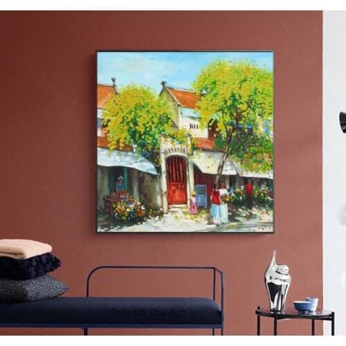Hand Pained Knife Painting Abstract Art Streetscene in Hanoi Vietnamese Art for Living Room Wall Decoration
