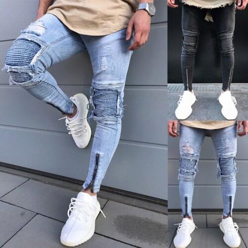 Mens Wild Ripped Jeans Mid Waist Vintage Skinny Zipper Hem Pencil Pants Casual Moto Biker Cool All Matching Distressed Trousers
