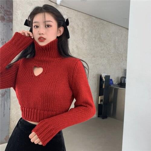 Womens Turtleneck Cropped Sweater Hollow Out Heart Sweater Sweet Solid Long Sleeve Pullover Womens Knitted Short Sweater
