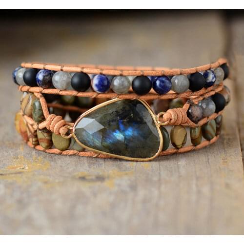 Unique Chunky Leather Wrap Bracelets W/ Labradorite Jaspers Natural Stone Weaving 3X Statement Strand Bracelet Femme Bijoux