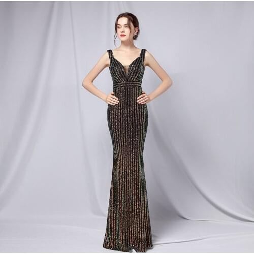 XUCTHHC Women Double Colour Sequins Long Party Gown Robe Soiree Elegant Formal Dress Vestido Sexy V Neck Mermaid Evening Dress