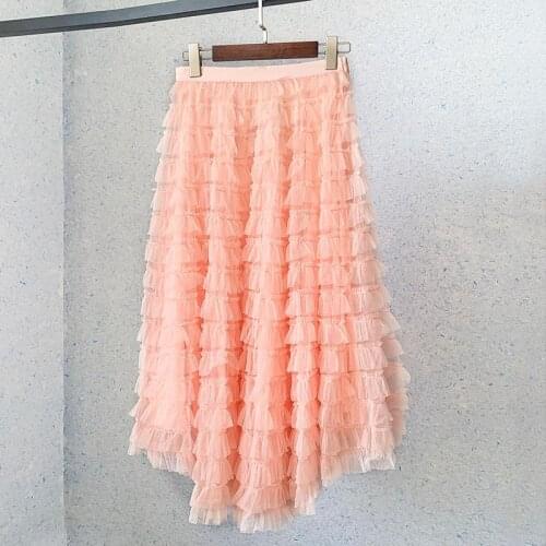 Ladies Pink Mesh Ruffle Skirt Korean Fashion High Waist Asymmetric Elegant Skirt Holiday Princess Dress 2021 Summer New