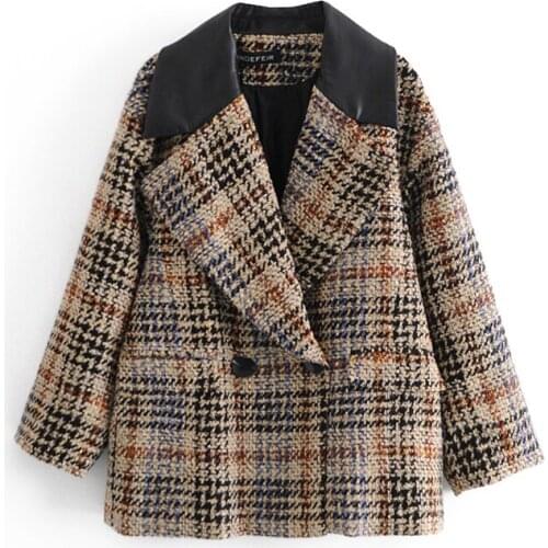 Women Winter Pu Splicing Suit Neckline Coat Female Fashion British Long Sleeve Double Breasted Plaid Coat Loose Chic Top