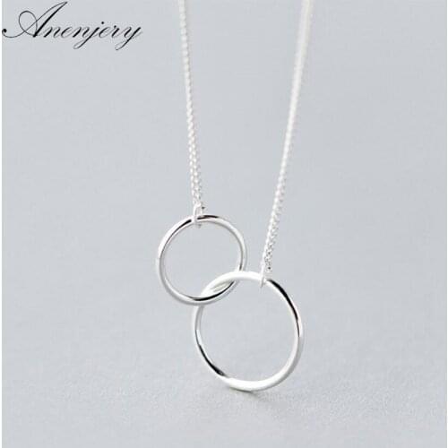 Anenjery Double Circle Interlock Clavicle Short Necklace Silver Color Necklace For Women collares erkek kolye S-N191
