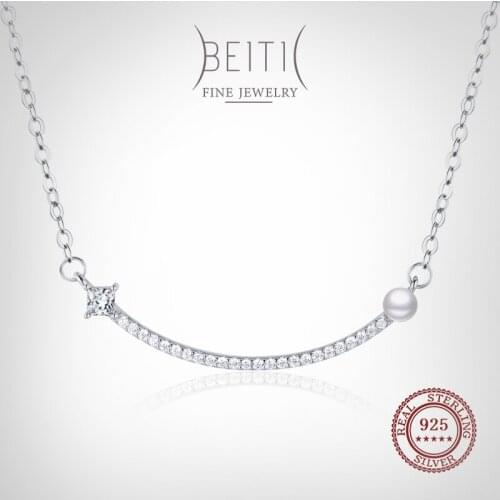 Beitil 100% 925 Sterling Silver Fashion Clear Zircon Pearl smile Necklace For Women Classic Wedding Statement Jewelry