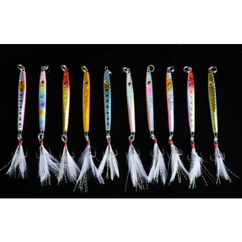 10pcs Colorful Lure Upgraded Metal Jigging Lure 5.7cm 10.9g With Feather Tail Long Spoon Laser Surface Isca Artificial Lure Bait