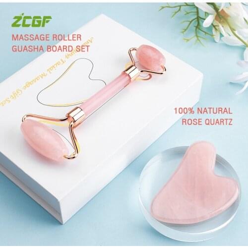 DropShipping Natural Rose Quartz Roller Jade Facial Massage Roller Facial Skin Care Lifting Slimming Tool Face Beauty Box Set