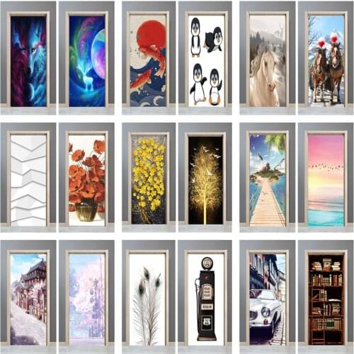 3D Wallpaper Book Landscape Flower Math Animal Art Door Sticker Self-Stick Cabinet Poster Bedroom Study Home Door Decor Decal