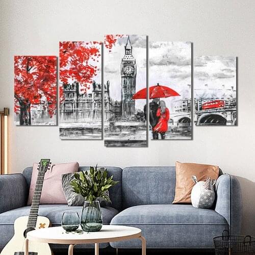 5 Pieces Set Abstract Lovers Walking In The Rain With Red Umbrella 100% Hand Painted Oil Painting On Canvas For Home Wall Decor