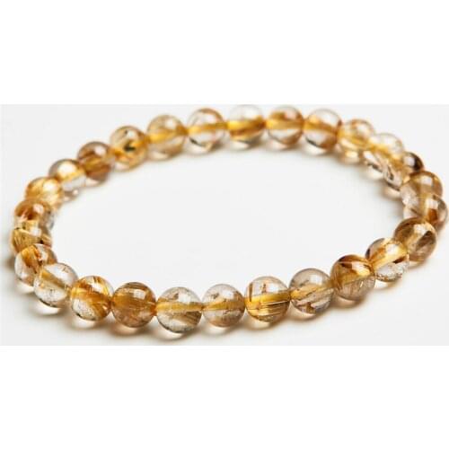 7mm Genuine Brazil Natural Yellow Hair Needle Titanium Crystal Round Beads Fashion Jewelry Womens Rutilated Quartz Bracelet