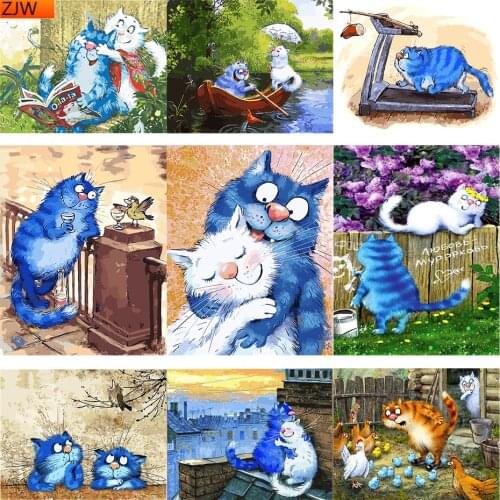 Diamond Painting Art 5D Cartoon Blue Cat and White Cat DIY Diamond Embroidery Crossstitch Mosaics Painting Dance Home Decoration