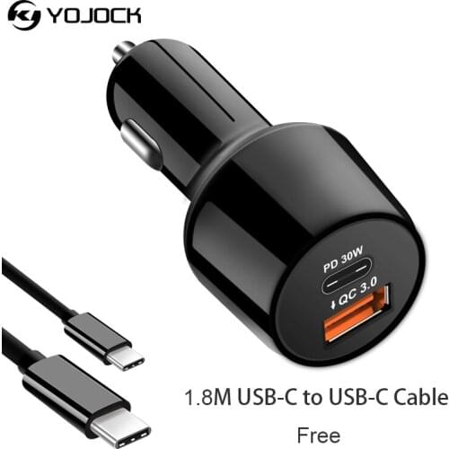 Yojock USB C Power Delivery PD Car Charger Quick Charge QC3.0 Fast Charging for Samsung S8 S7 Xiaomi Mi6 w/ Black USB C Cable