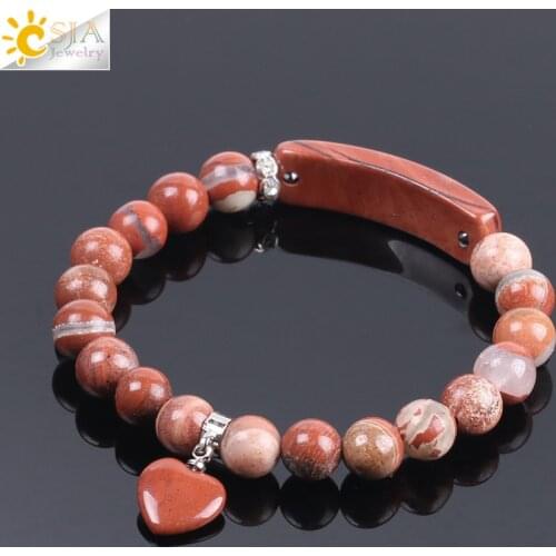 CSJA Natural Red Gem Stone Love Heart Charm Bracelets for Girlfriends Gifts Valentines Chakra Crystal Rhinestone Bracelet F098