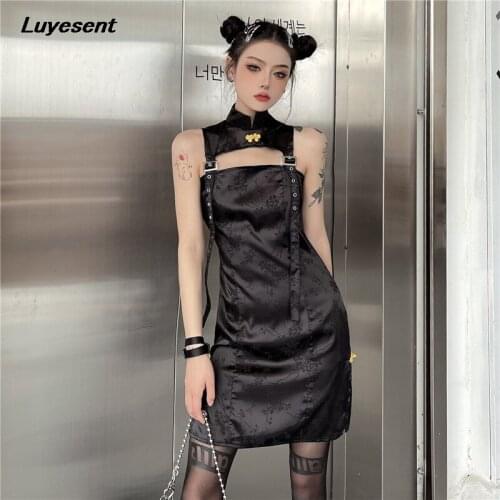 Black Gothic Lady Hollow Empire Dress Adjustable Strap Girl Mini Dresses Stand Neck Sleeveless Floral Chinese Style Cheongsam