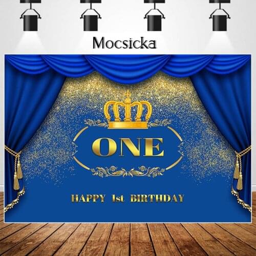 Boys First Birthday Photography Backdrop Golden Crown Blue Curtains Background Banner Decortions Photo Studio Props