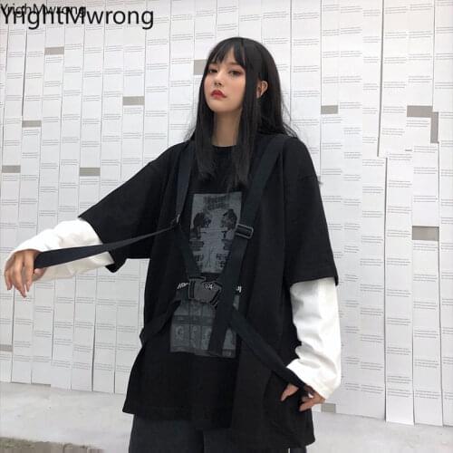 Patchwork Ribbon Buckle Belt Harness Punk Loose T Shirt T-Shirt Pullover Streetwear Korean Harajuku Tshirt Graphic Women Man Top