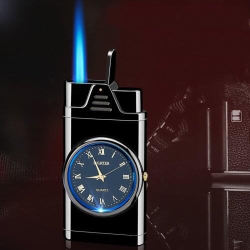 Creative Watch Windproof Blue Flame Lighter Inflatable Metal Butane Gas Lighters Cigar Smoking Accessories Gadgets For Men