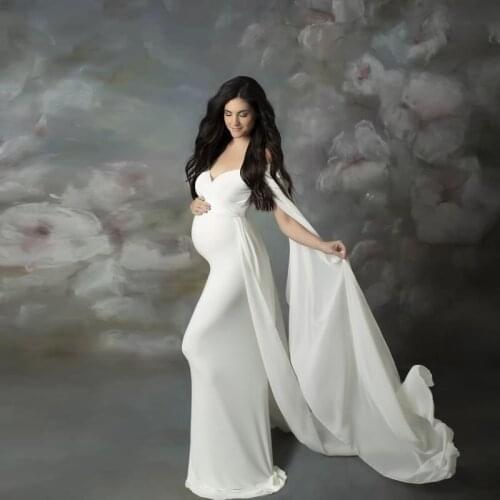 Cute Long Maternity Dress Cloak Chiffon Shoulderless Pregnancy Dress For Photo Shoot Women Pregnant Maxi Gown Photography Prop