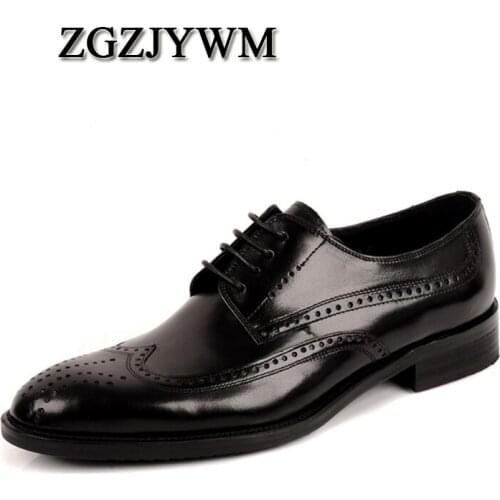 ZGZJYWM Fashion Solid Black/Red Genuine Leather Oxfords Business Mens Lace-Up Pointed Toe Dress Wedding Rubber Office Shoes