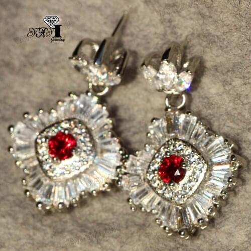 YaYI Fashion Princess Cut Red Natural Cubic Zirconia Silver Color Wedding Party Lover Wear Ear Stud Precious Tassel Earrings