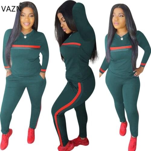 VAZN Spring 2019 New Top Casual 2 Piece Women Set Solid O-Neck Full Sleeve Full Length Tracksuit Plus Size Slim Set HGL1050