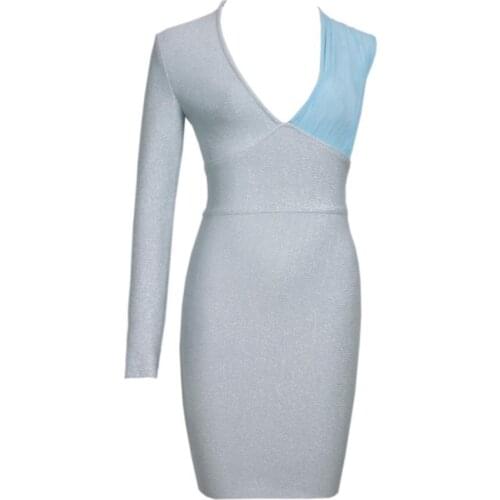 New Winter Ladies One-shoulder Long-sleeved Gold Wire Braided Bandage Dress Sexy V-neck Mini Patchwork Party Bodycon Dresses