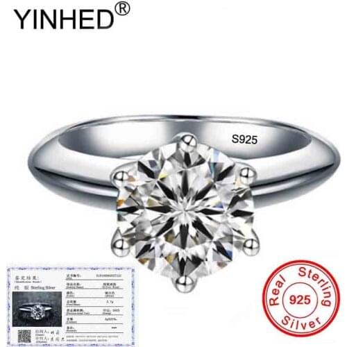 Send Certificate! YINHED 100% 925 Sterling Silver Ring 2 Carat CZ Diamond Solitaire Ring Women Wedding Enaggement Jewelry ZR670